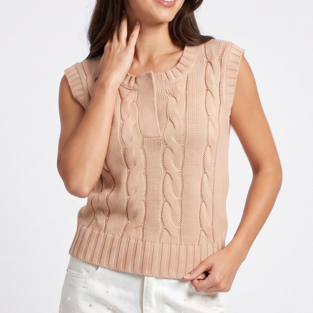 Cable Knit Sweater Vest Sleeveless Mauve Pullover Top