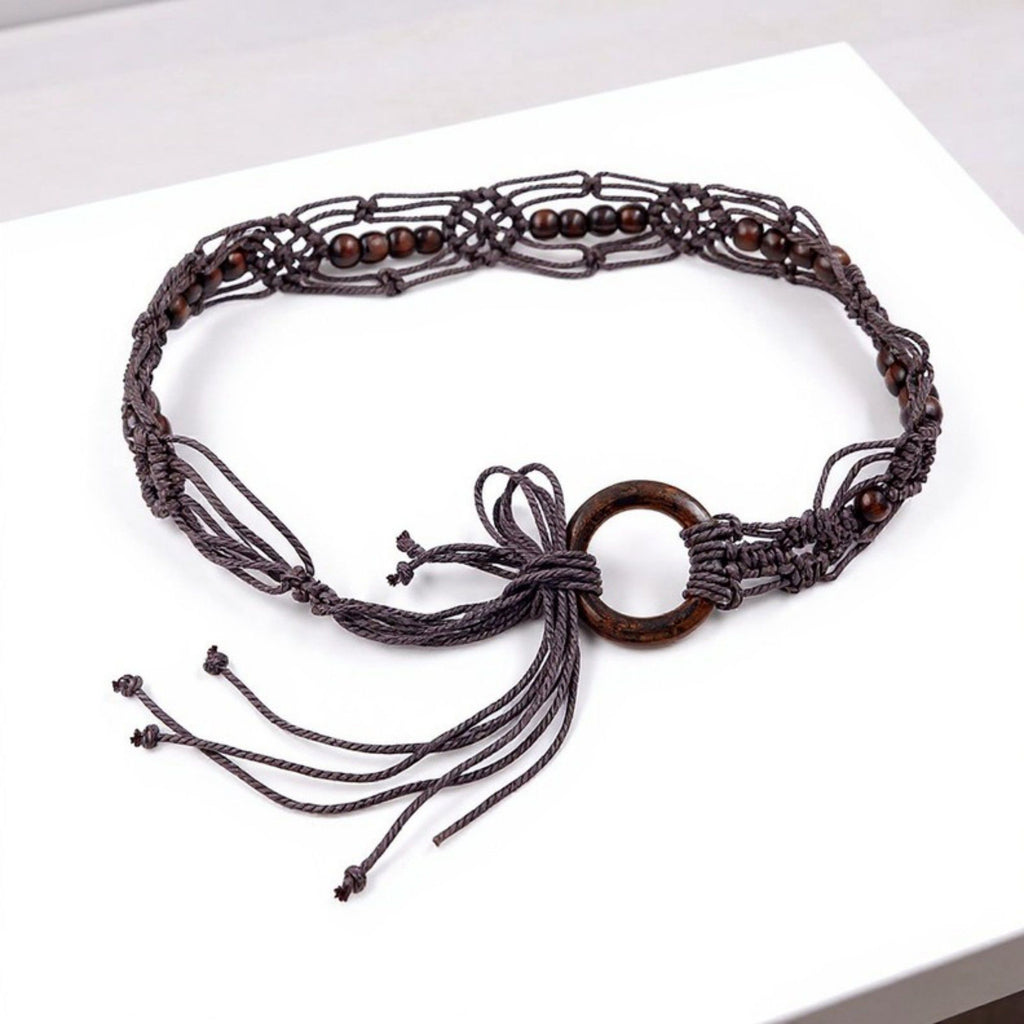 Anna-Kaci Women's Woven Rope Belt with Large Circular Buckle and Bohemian Knot Detail 49in