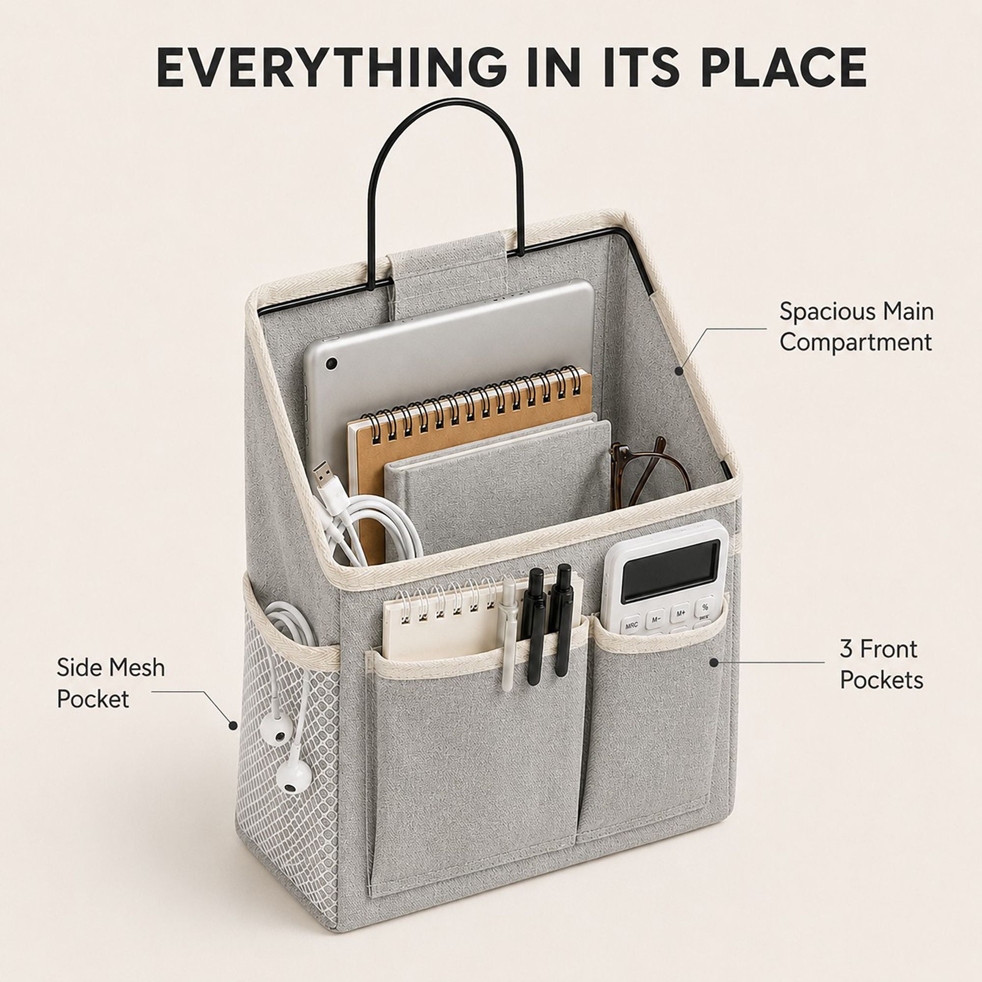 Hanging Bedside Storage Caddy with Metal Frame and Multiple Pockets Bed Rail Organizer