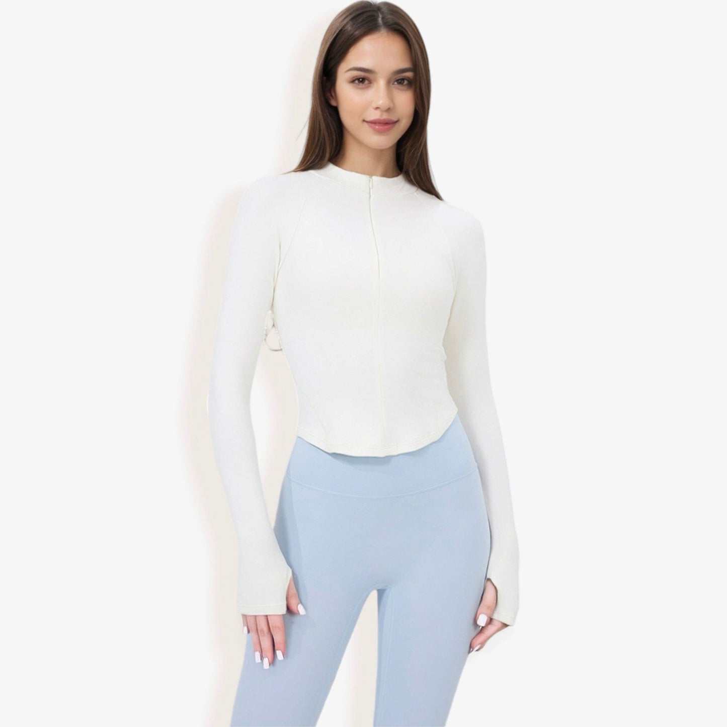 Long Sleeve Zip-Up Fitted Active Top with Thumbholes