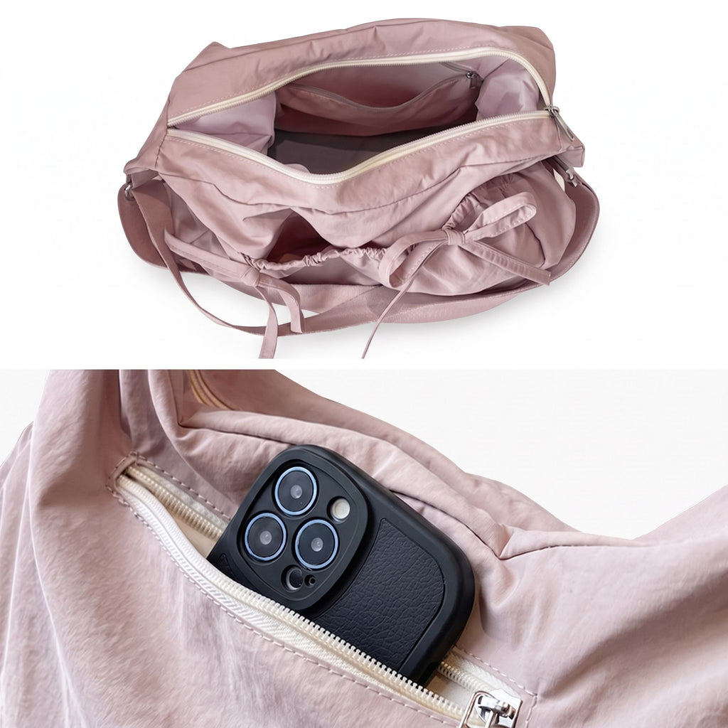 Lightweight Bow Detail Hobo Shoulder Bag with Adjustable Strap and Multiple Pockets