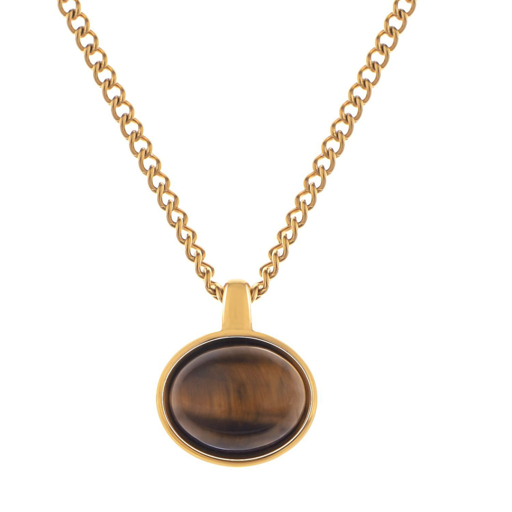 Women's Stainless Steel Fashion Necklace with 18K Gold Plated Pendant, Acrylic Tiger's Eye Stone, Adjustable Chain, Unique Design