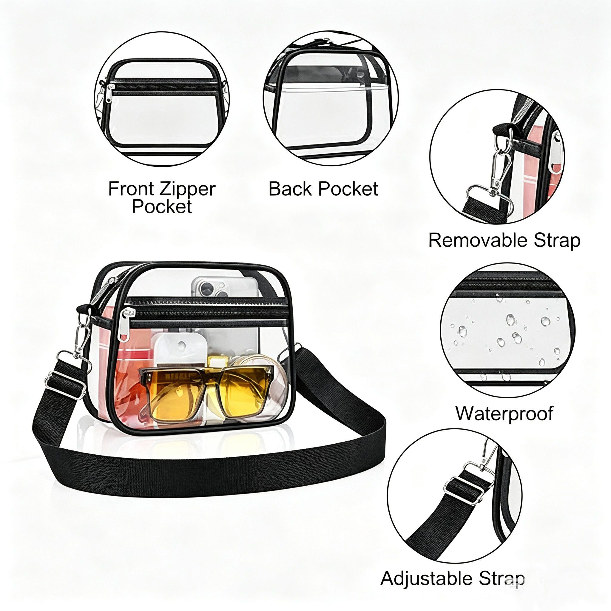 Clear Stadium Crossbody Bag with Front Zipper Pocket, Adjustable Strap and Medium Transparent Design