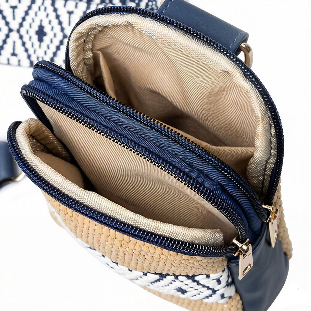 Woven Straw Crossbody Bag with Pattern Strap Small Mini Shoulder Handbag Zipper Closure
