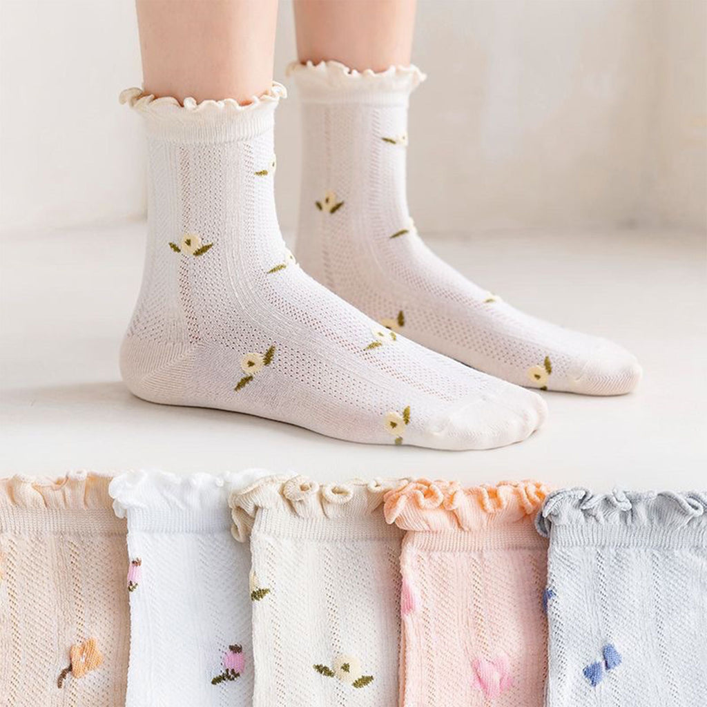 Anna-Kaci Women's 5-Pair Set Ruffle Ankle Socks with Floral Embroidery and Breathable Knit Design for Flats or Mary Janes