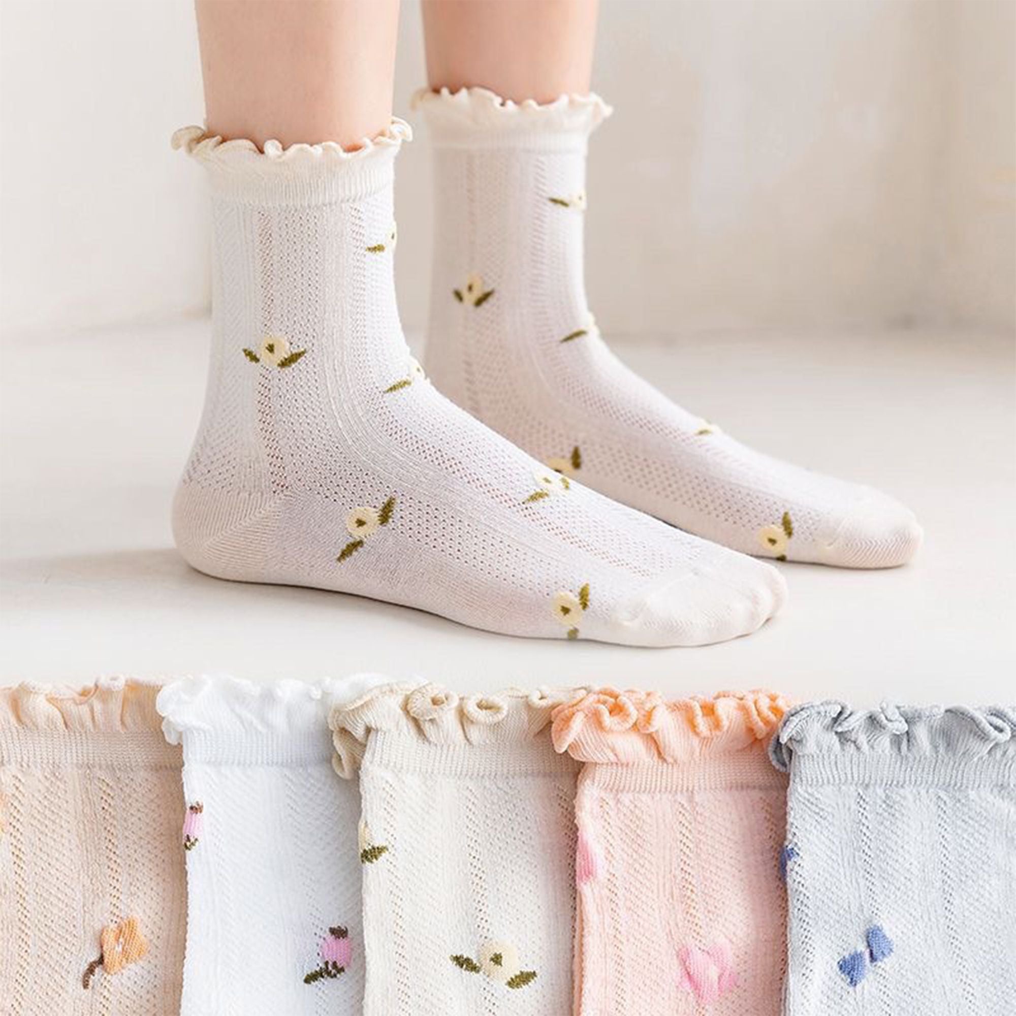 Anna-Kaci Women's 5-Pair Set Ruffle Ankle Socks with Floral Embroidery and Breathable Knit Design for Flats or Mary Janes