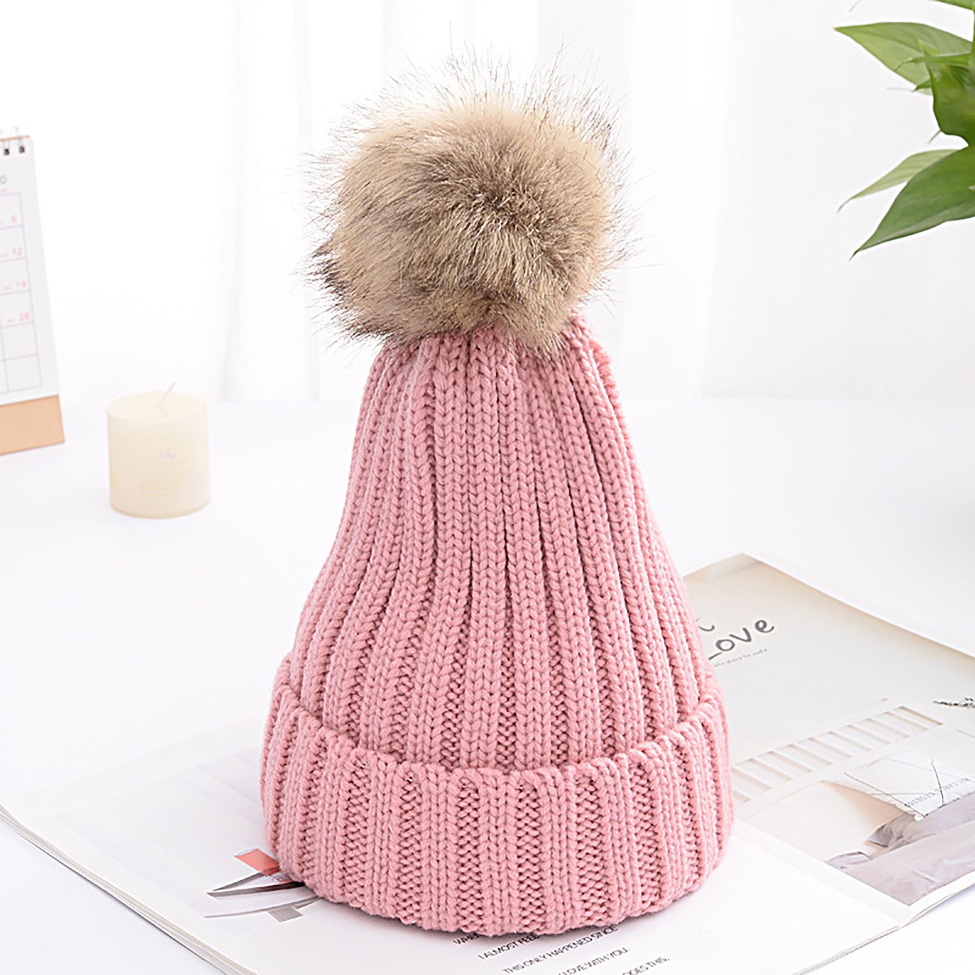 Anna-Kaci Women's Cable Knit Beanie with Faux Fur Pom-Pom - Warm Stretchy Winter Hat for Casual Daily Wear