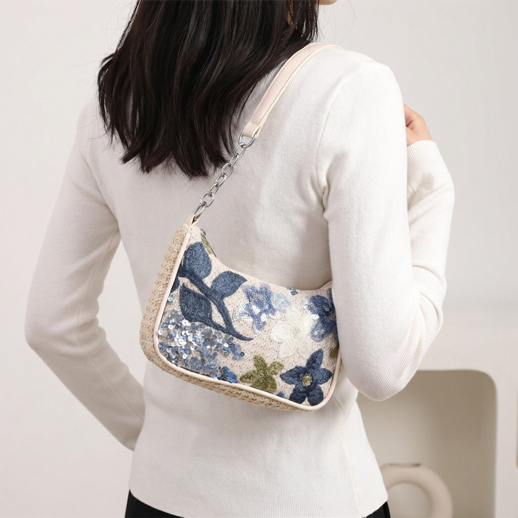 Floral Embroidered Shoulder Bag with Sequin Accents Chain Strap Detail Crescent Handbag 10x5x2.5 in