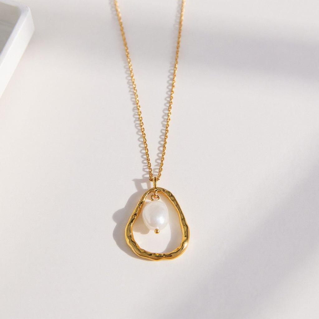 Textured Open Teardrop Pendant Necklace with Organic Hammered Frame and Dainty Suspended Faux Pearl Accent Charm