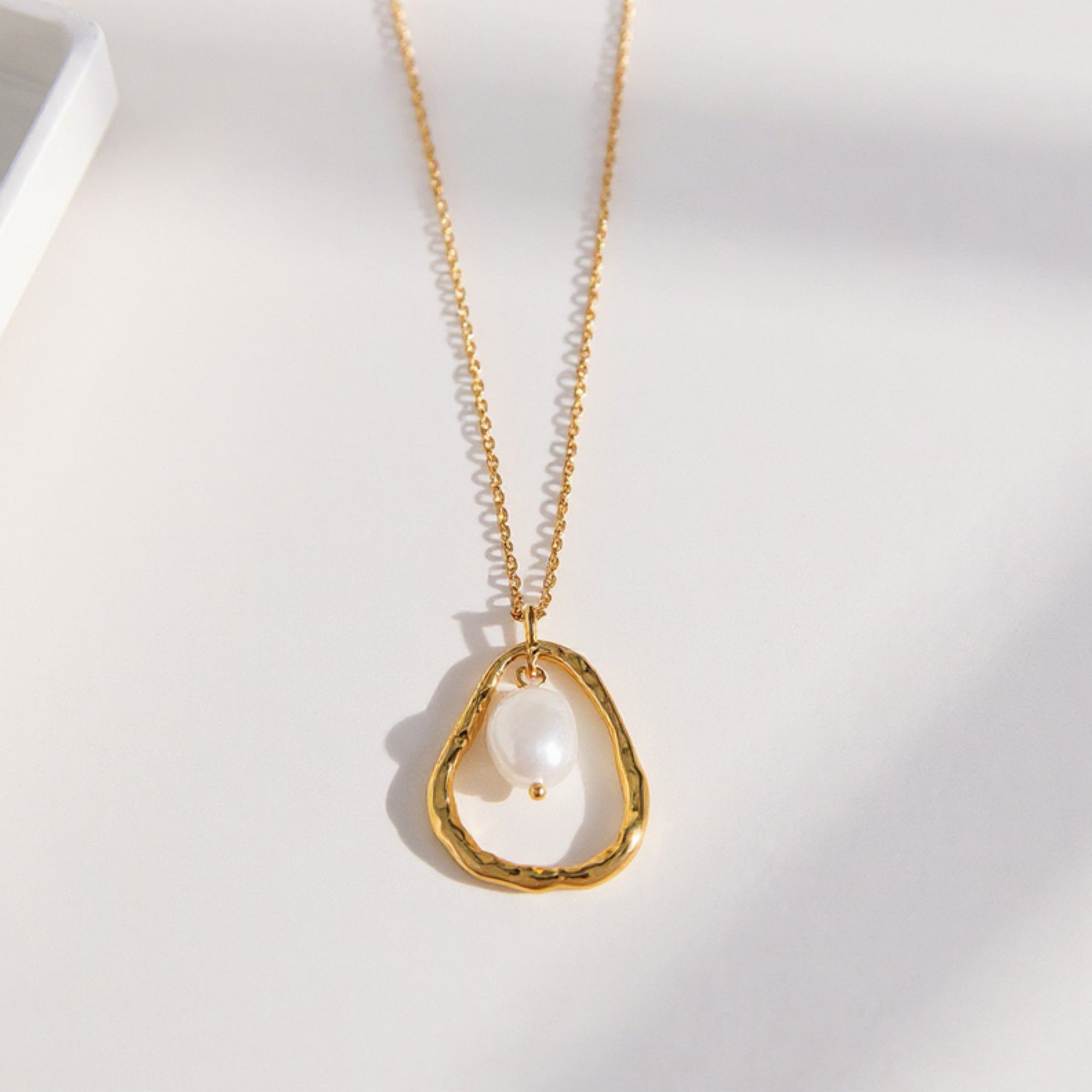 Textured Open Teardrop Pendant Necklace with Organic Hammered Frame and Dainty Suspended Faux Pearl Accent Charm