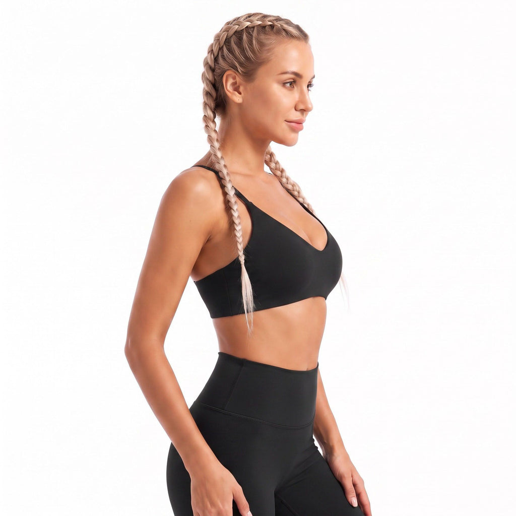 V Neck Sports Bra with Slim Straps Fitted Workout Top for Yoga Running Gym Training
