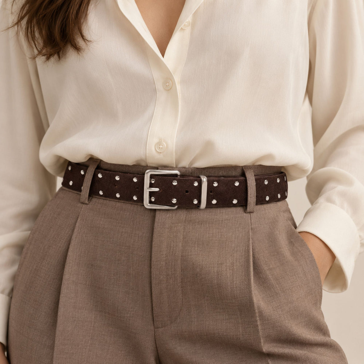 Studded Suede Leather Belt with Square Silver Tone Buckle 41.3in