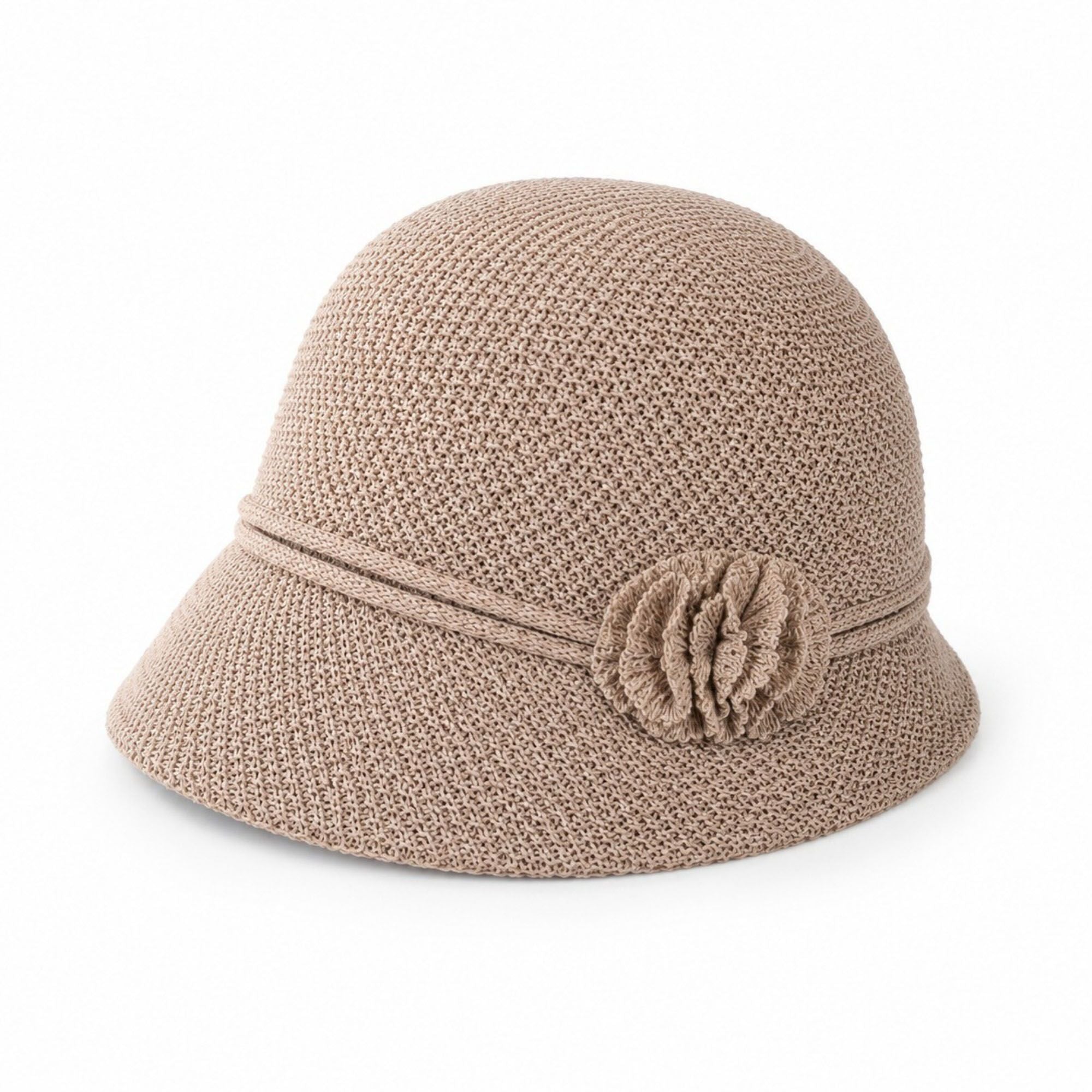 Woven Cloche Sun Hat with Floral Accent and Short Brim