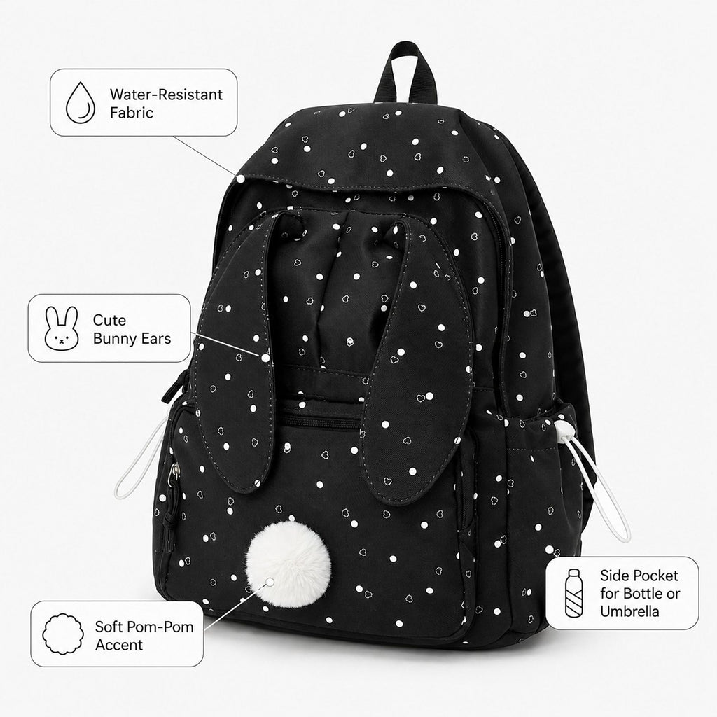 Bunny Ear Backpack with Pom Pom and Multiple Pockets