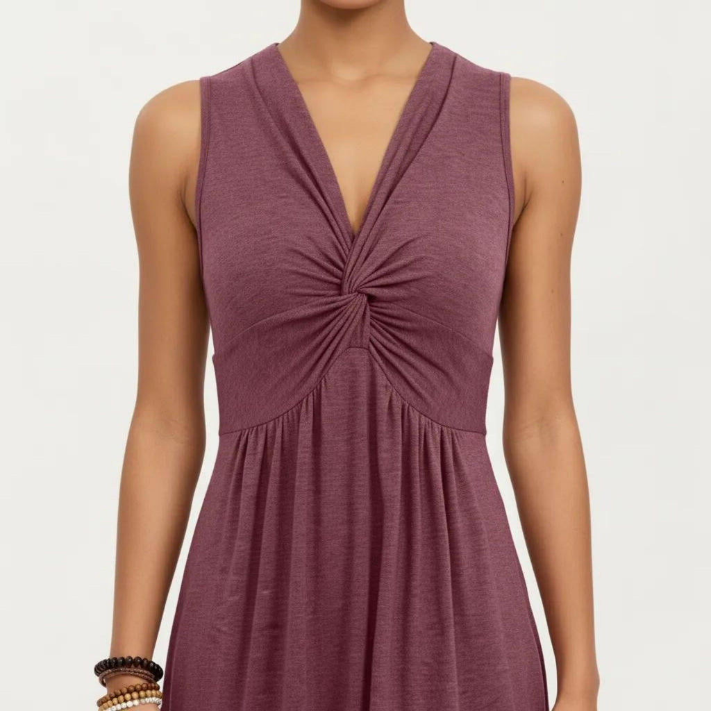 Anna-Kaci Women's Sleeveless V Neck Midi Dress with Front Twist Detail and Flowy A Line Silhouette