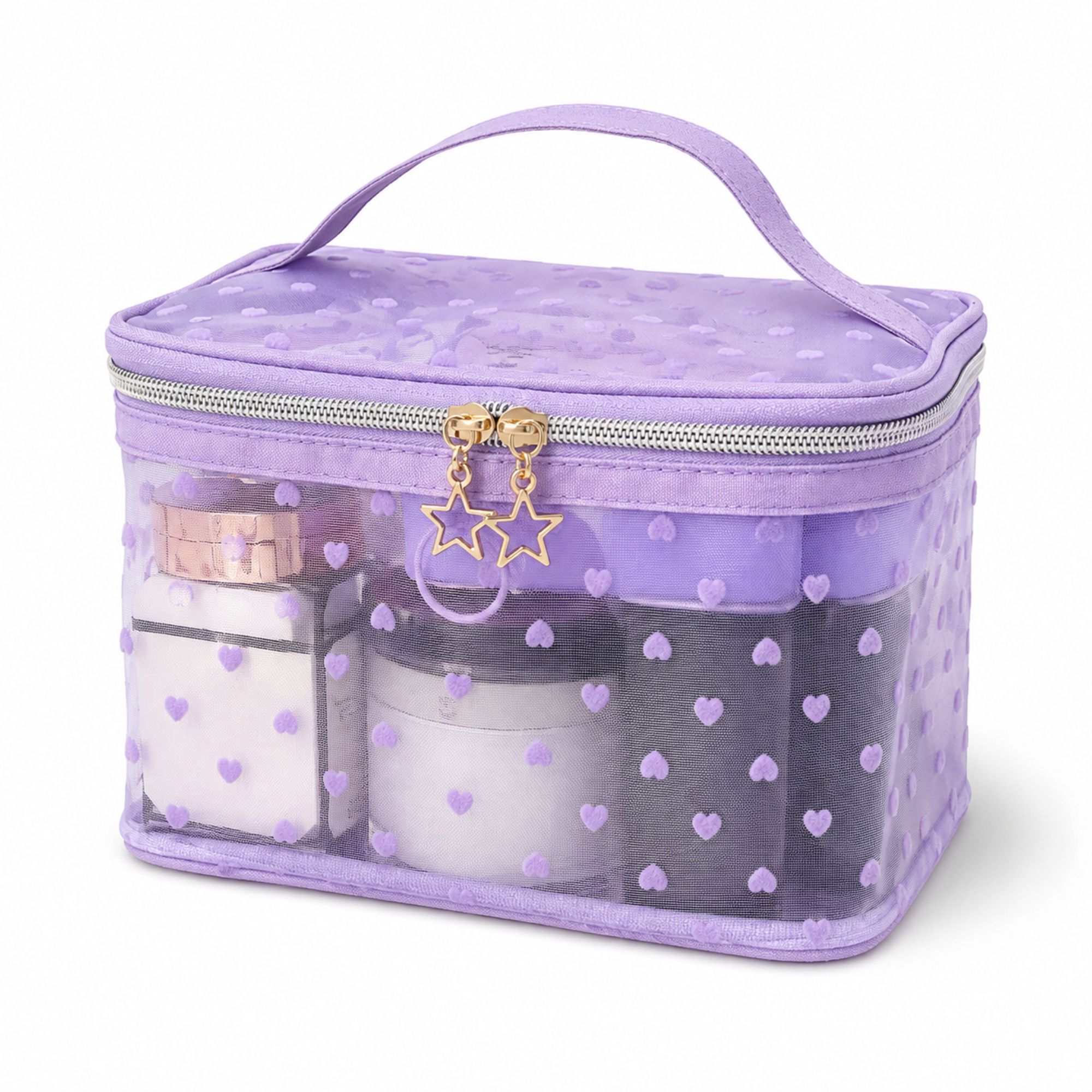 Heart Print Mesh Makeup Bag Large Travel Cosmetic Toiletry Organizer with Handle