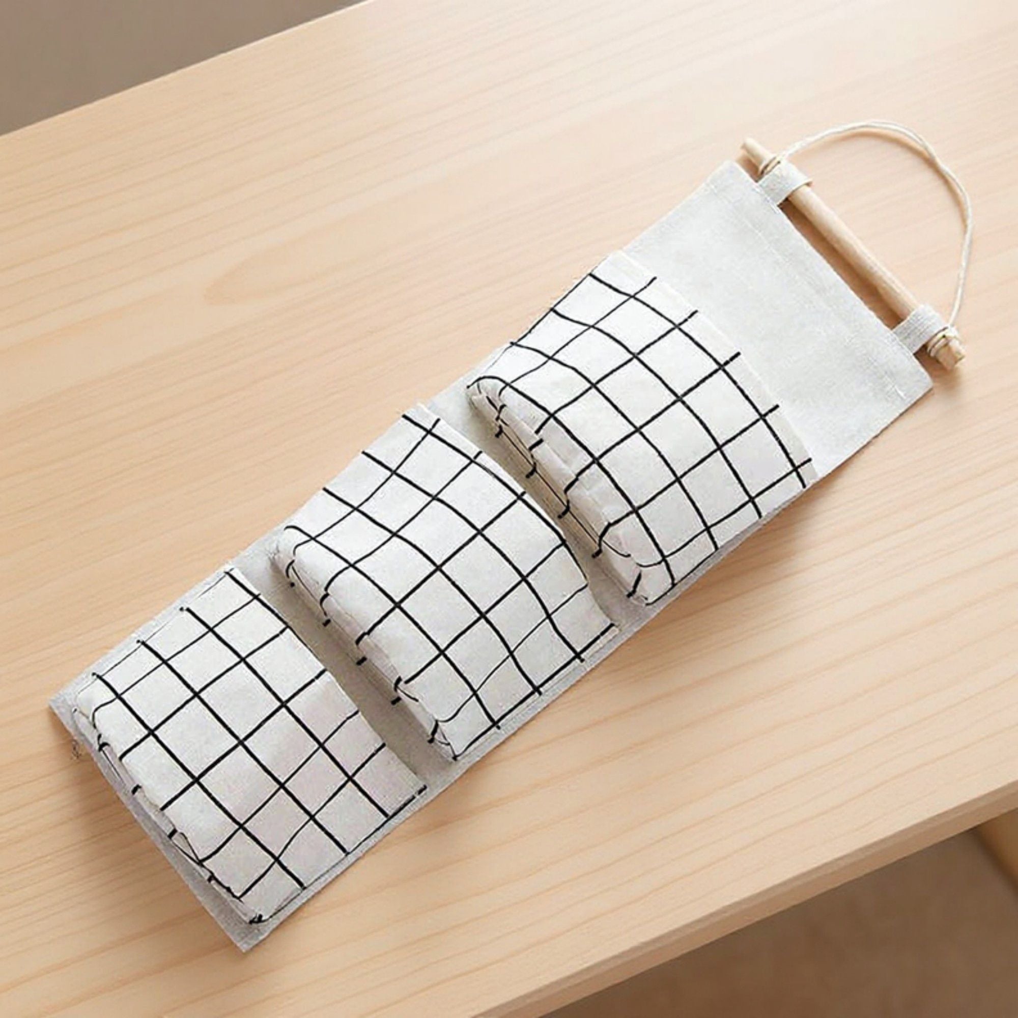 Hanging Wall Organizer with Three Pockets and Black Grid Pattern 22.5x7.8 in