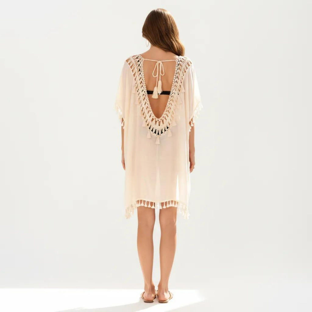 Anna-Kaci Women's Sheer Crochet V Neck Swim Cover Up Poncho with Tassel Trim and Flowy Silhouette