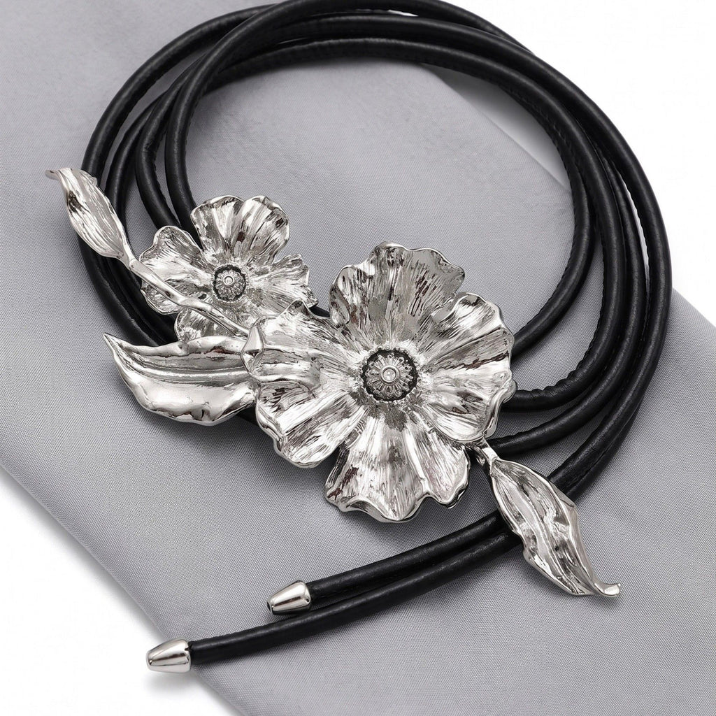 Dual Poppy Flower Leather Waist Belt Adjustable Floral Statement Waist Jewelry 43.3in