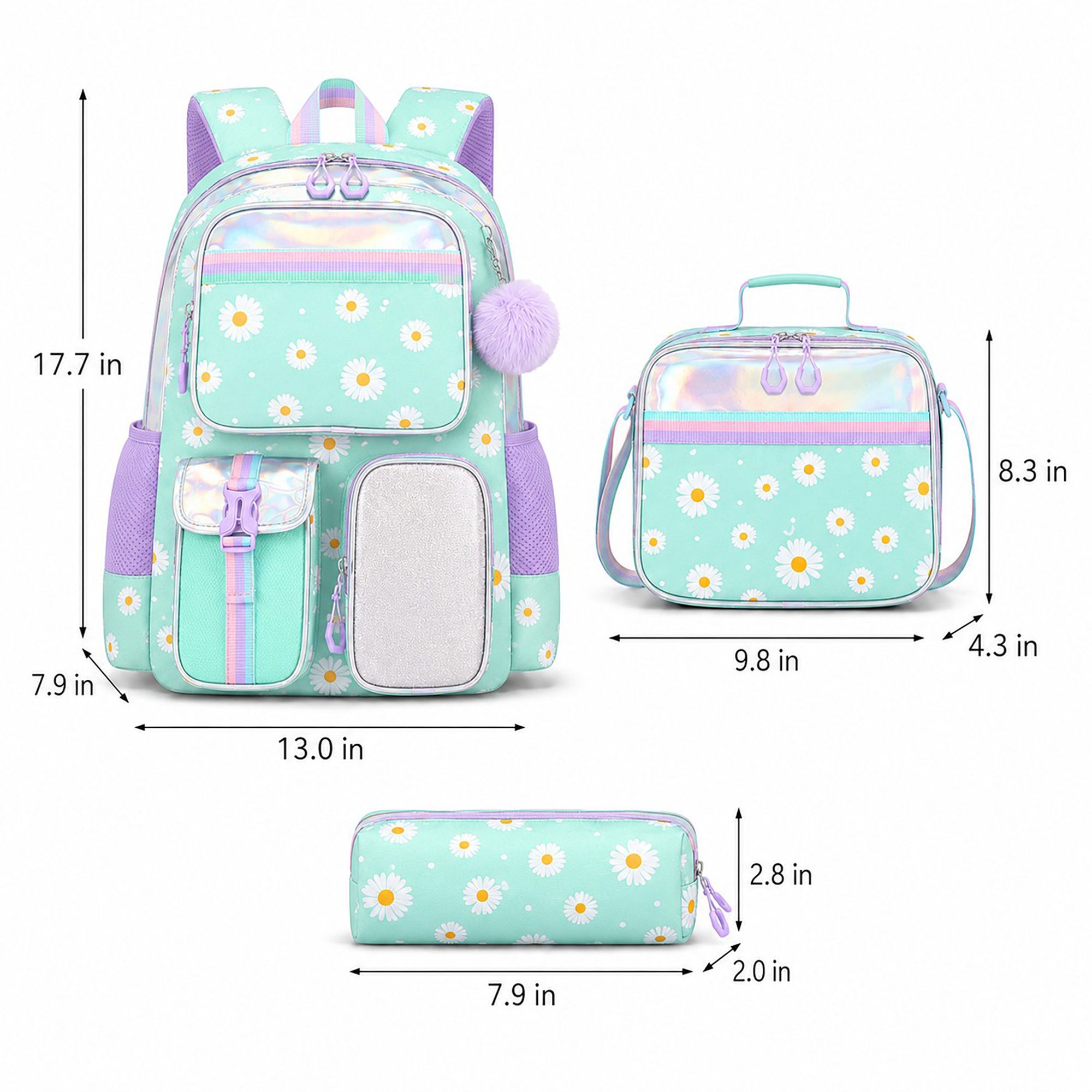 3pc Daisy Print School Backpack Lunch Bag Pencil Case Set