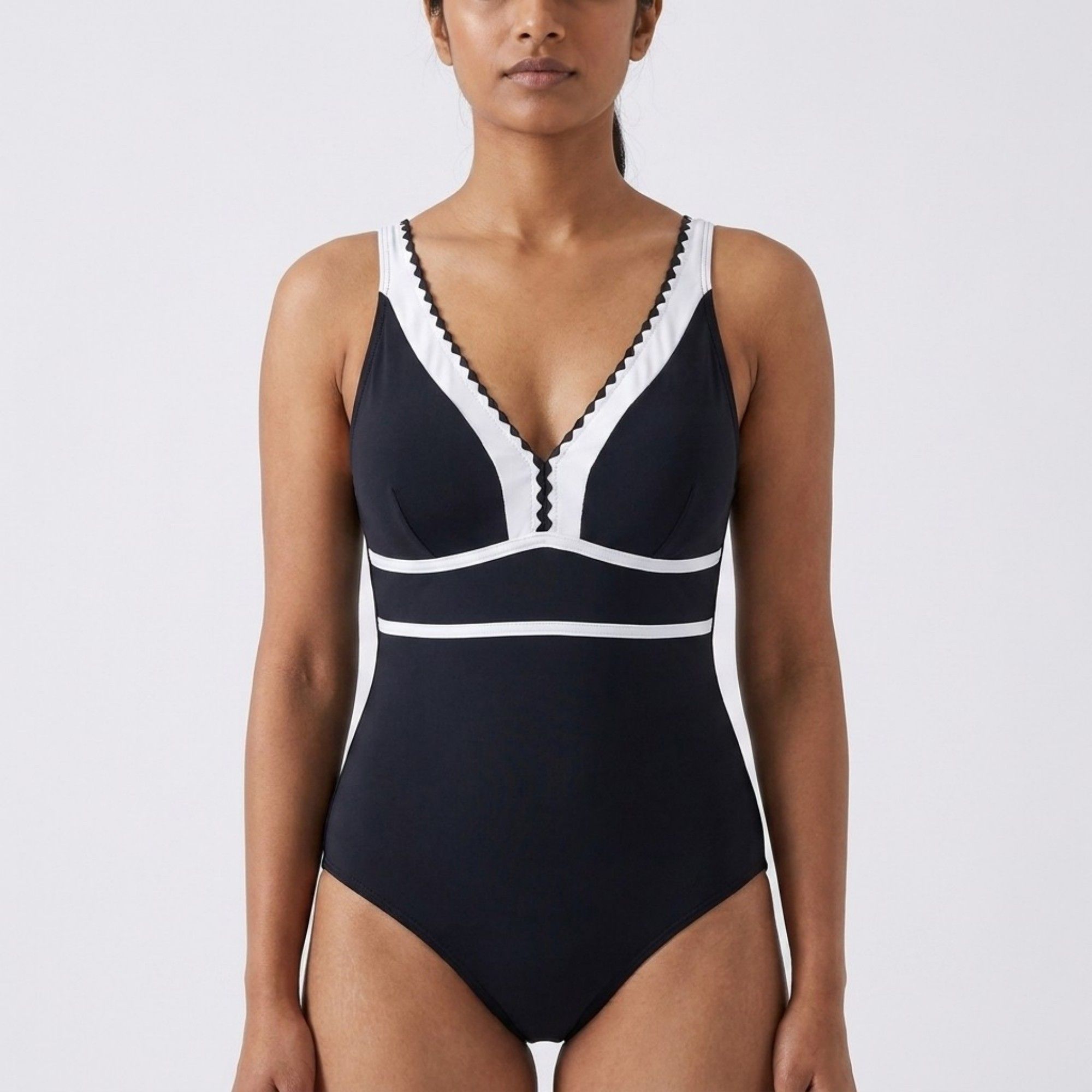 Anna-Kaci Swim Womens One Piece Swimsuit with V Neck Contrast Trim Scallop Detail and Adjustable Crisscross Straps
