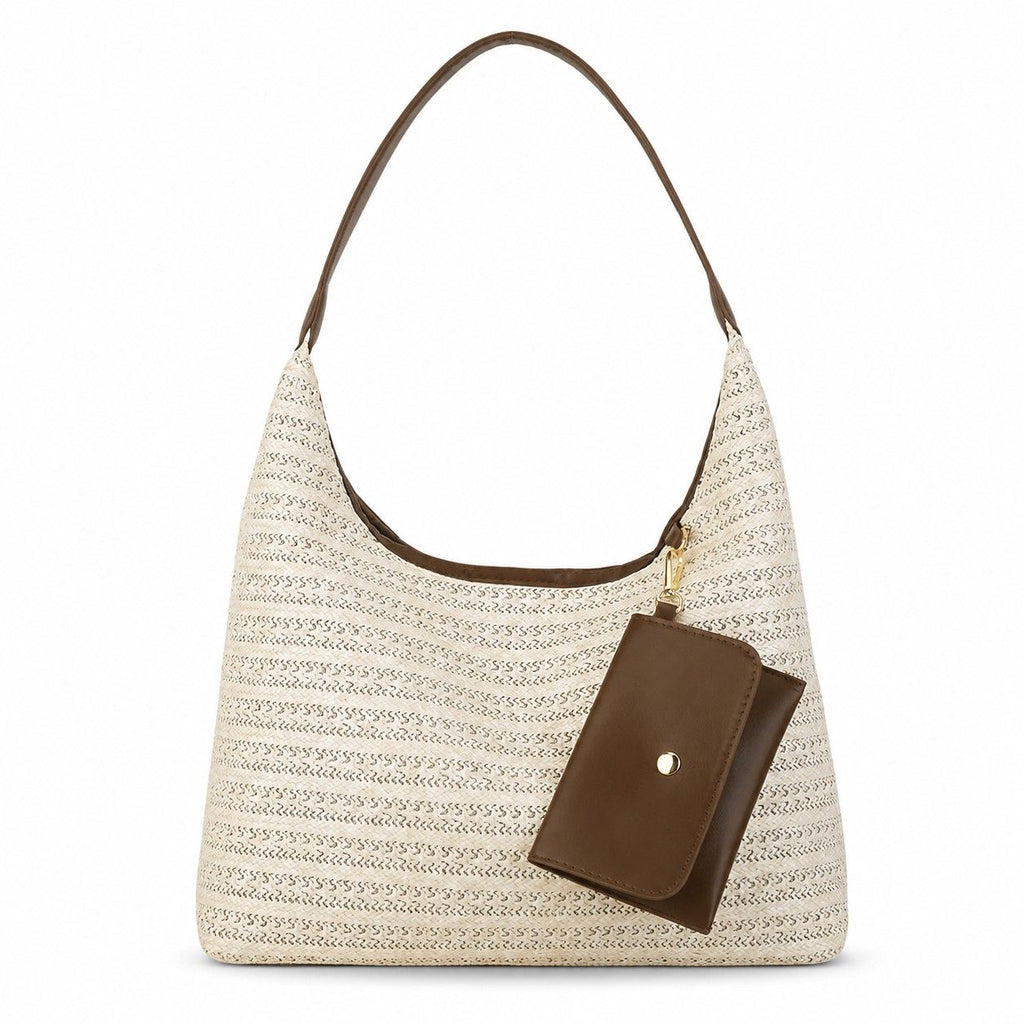 Woven Straw Shoulder Bag Hobo Handbag with Removable Pouch and Magnetic Closure