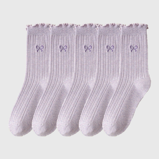 Anna-Kaci Women's Summer Ribbed Ankle Socks with Bow Embroidery Casual 5Pk