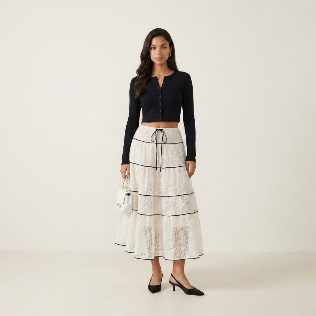 Anna-Kaci Women's 2 Piece Set Long Sleeve Crop Top Button Front Tiered Lace Maxi Skirt Outfit