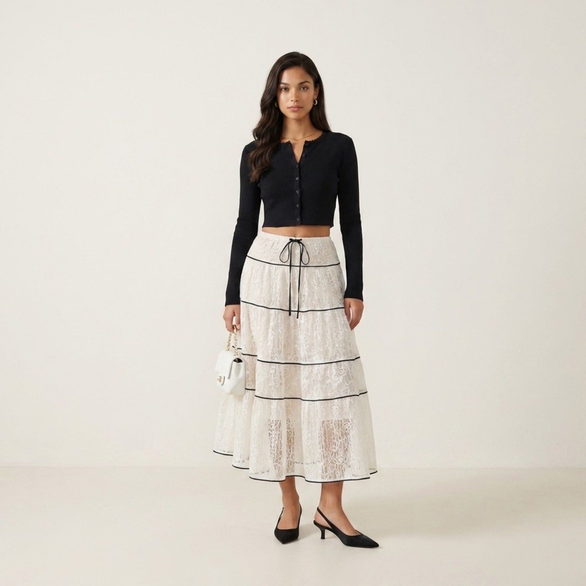 Anna-Kaci Women's 2 Piece Set Long Sleeve Crop Top Button Front Tiered Lace Maxi Skirt Outfit