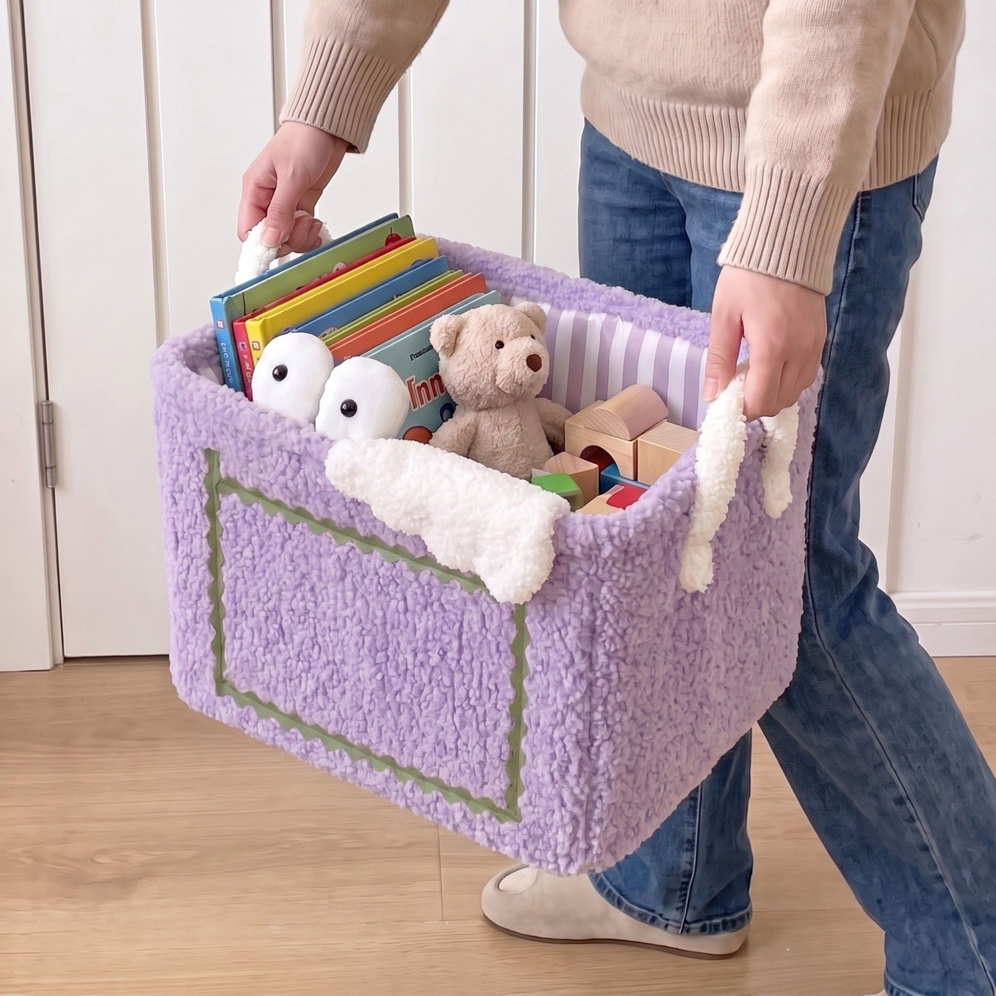 Kids Plush Storage Basket with Handles and Front Pocket
