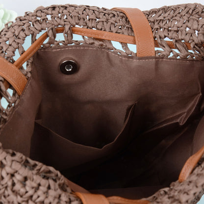 Anna-Kaci Women's Rustic Straw Shoulder Bag with Leather Accents