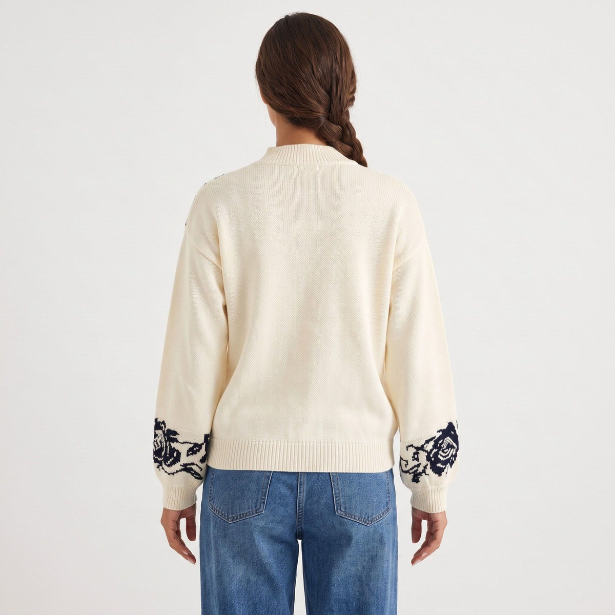 Floral Jacquard V Neck Long Sleeve Pullover Sweater
