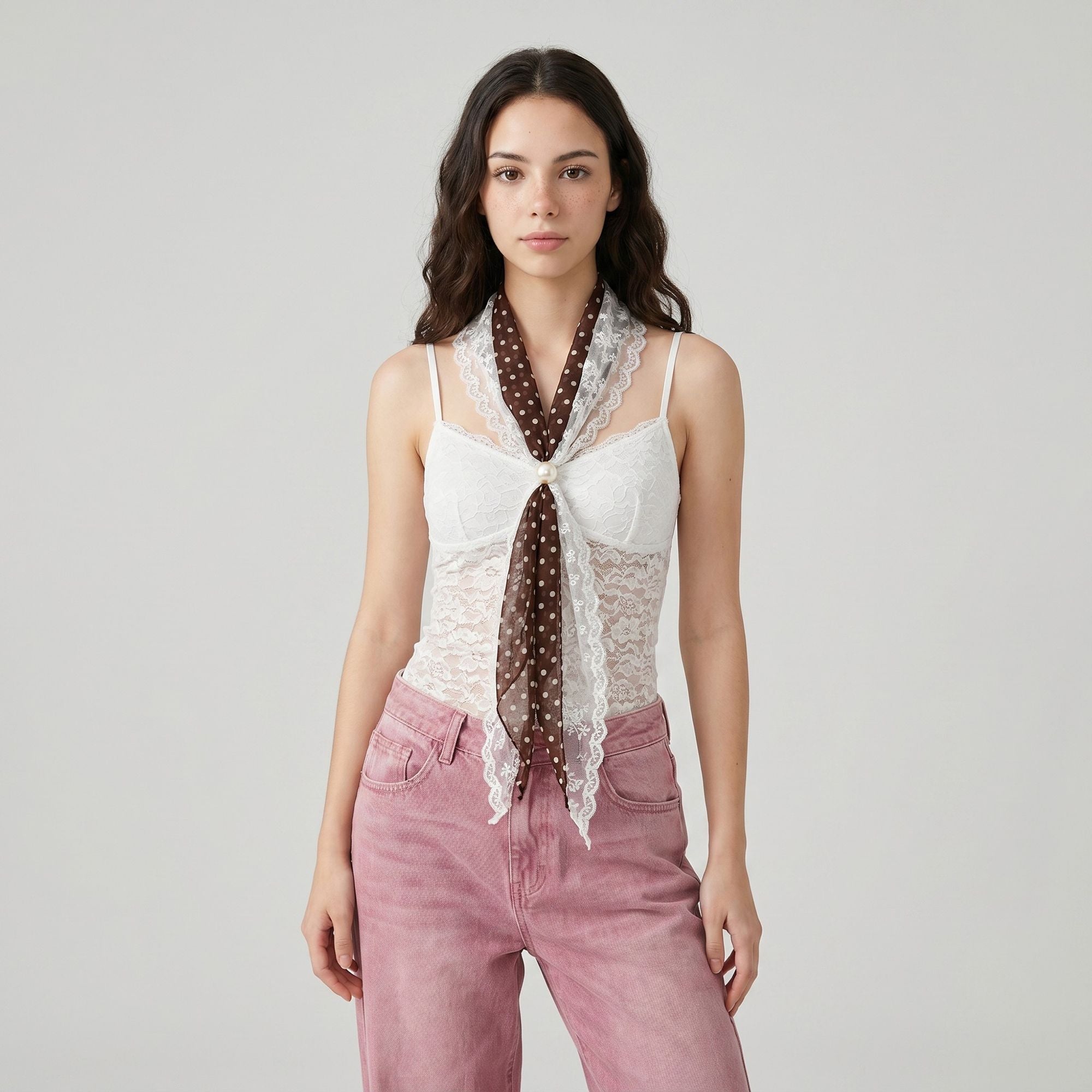 Sheer Skinny Scarf with Lace Trim Faux Pearl Accent and Long Neck Tie Design