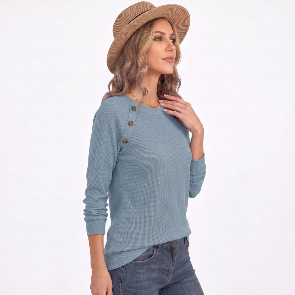 Waffle Knit Button Shoulder Raglan Long Sleeve Top