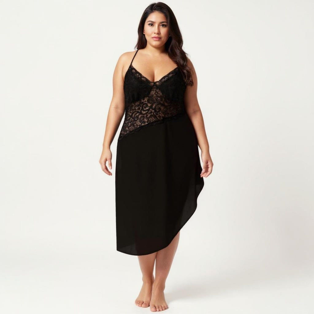 Anna-Kaci Lounge Women's Plus Size Lace Panel Slip Nightgown with Adjustable Spaghetti Straps V Neck Asymmetrical Hem Sleepwear