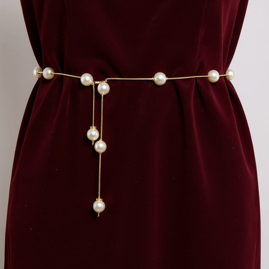 Anna-Kaci Women's Faux Pearl Waist Chain Belt with Layered Drop Strand Detail 43.5in