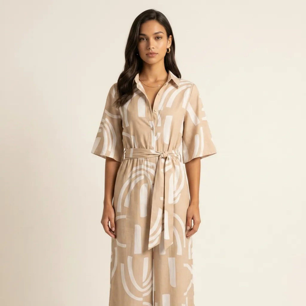 Anna-Kaci Women's Printed Wide Leg Jumpsuit Button Front Short Sleeve Tie Waist Relaxed Fit One Piece