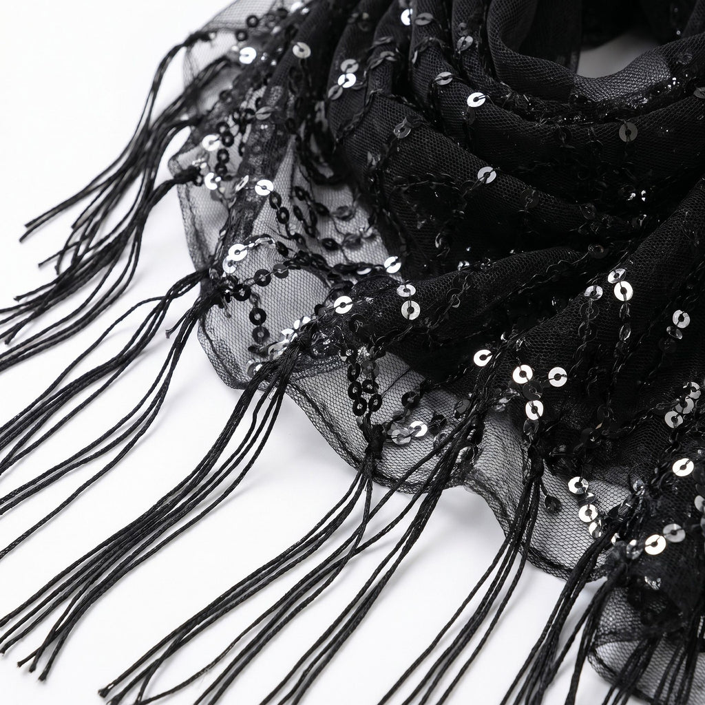 Sheer Sequin Fringe Skinny Scarf with Embroidered Swirl Pattern Neck Tie