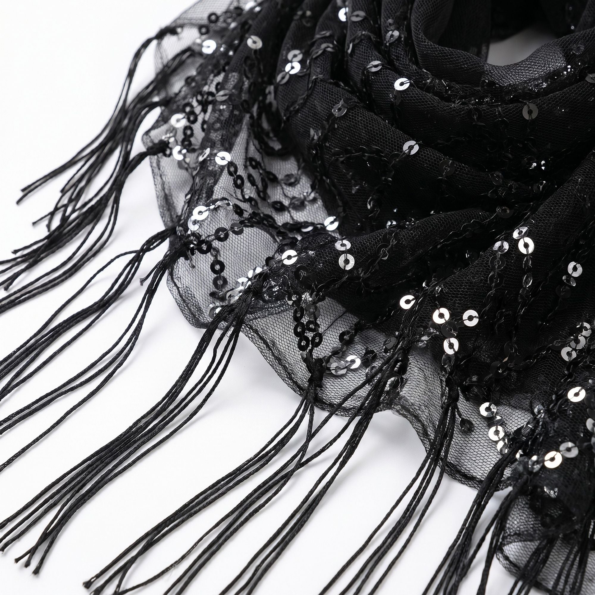 Sheer Sequin Fringe Skinny Scarf with Embroidered Swirl Pattern Neck Tie