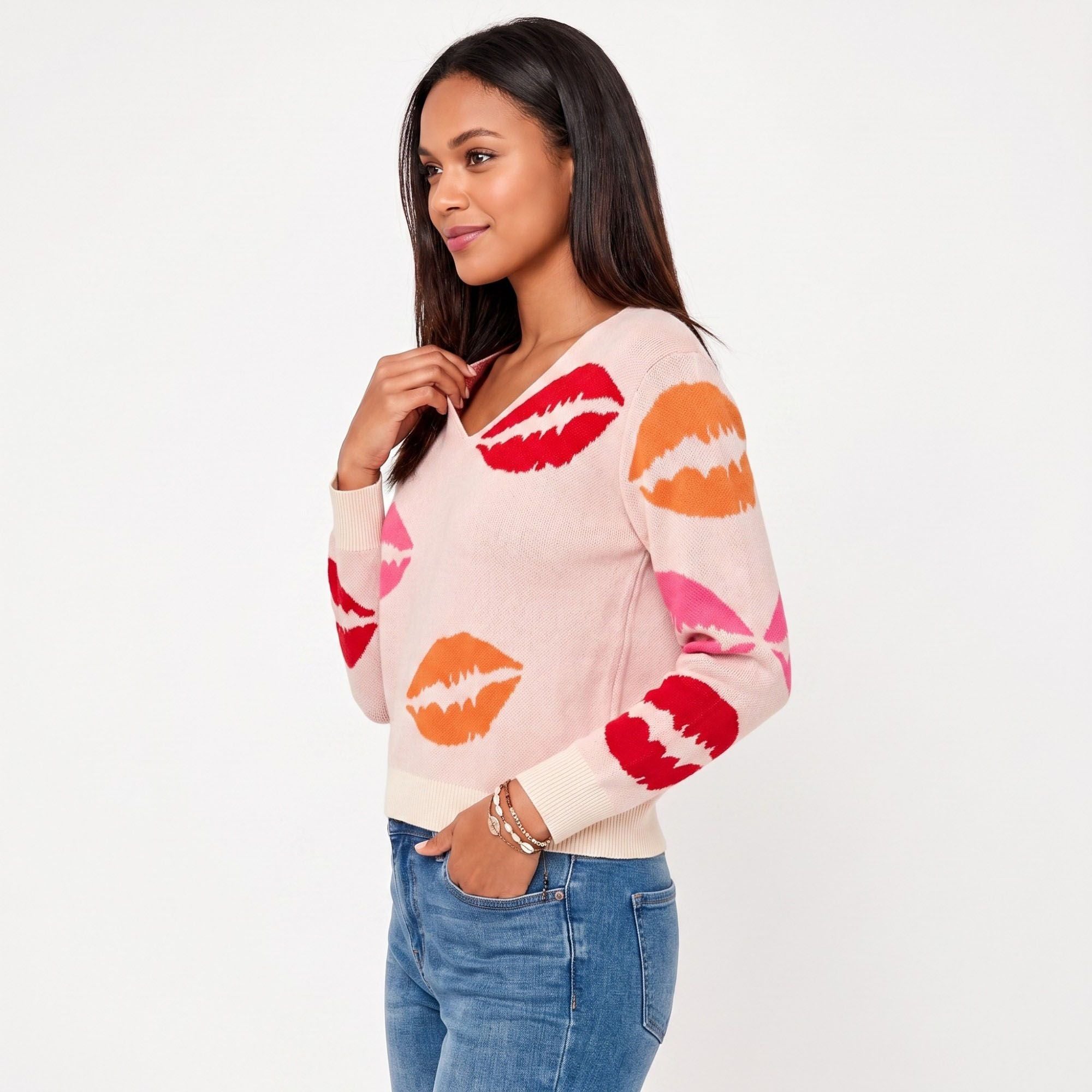 Lip Print V-Neck Long Sleeve Knit Sweater