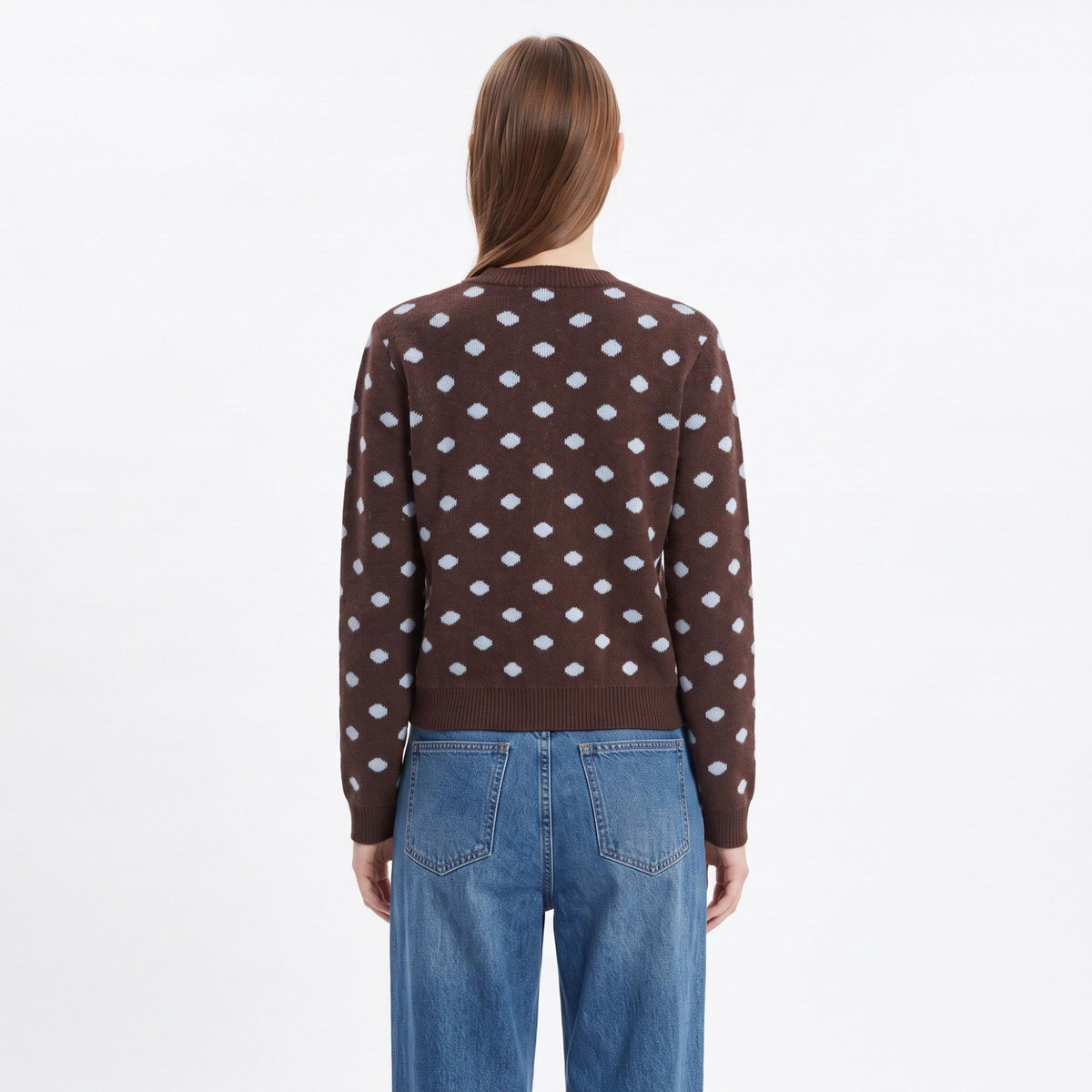 Polka Dot Crewneck Button Front Cardigan Sweater