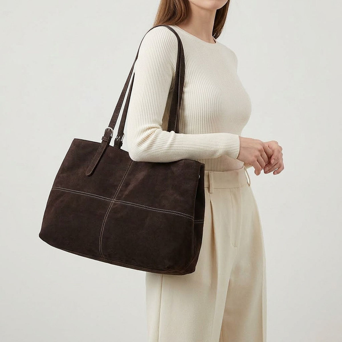 Large Faux Suede Tote Bag with Adjustable Double Shoulder Straps