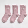 3-Pair Bow Embroidered Crew Socks Set, Ribbed Knit Casual Hosiery