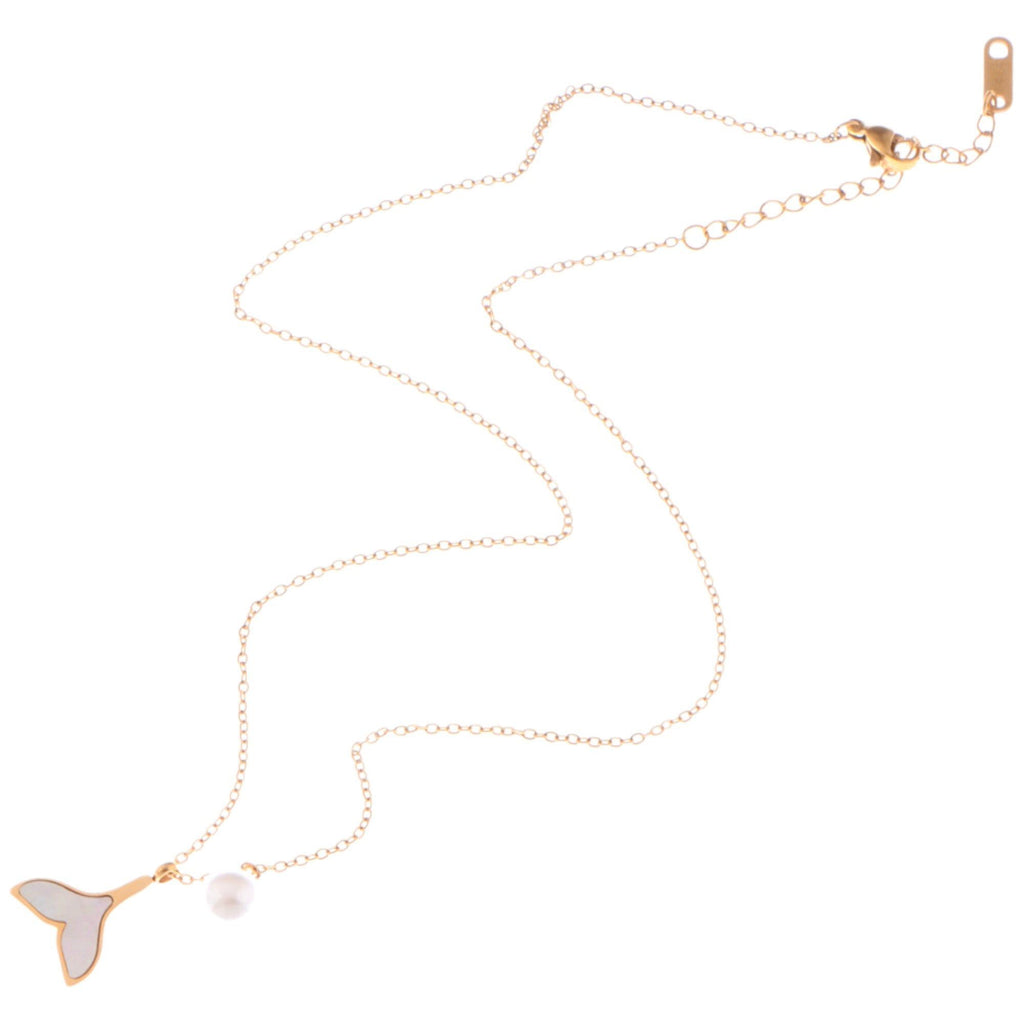 Gold Tone Mermaid Tail Fashion Necklace with Pearl Accent and Mother of Pearl Inlay