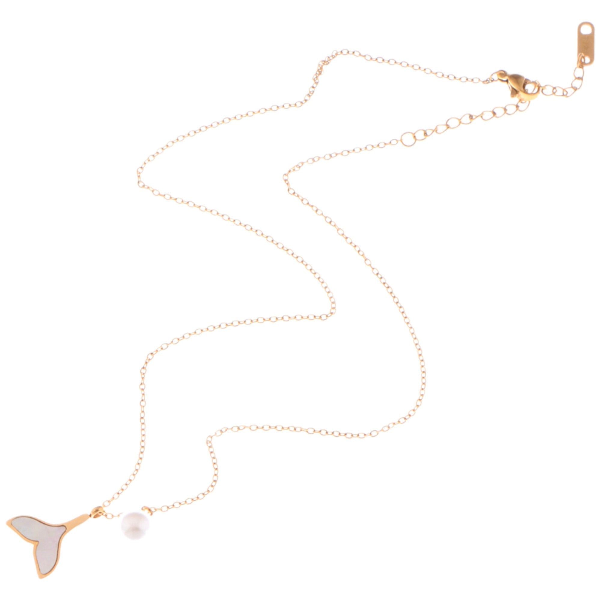 Gold Tone Mermaid Tail Fashion Necklace with Pearl Accent and Mother of Pearl Inlay