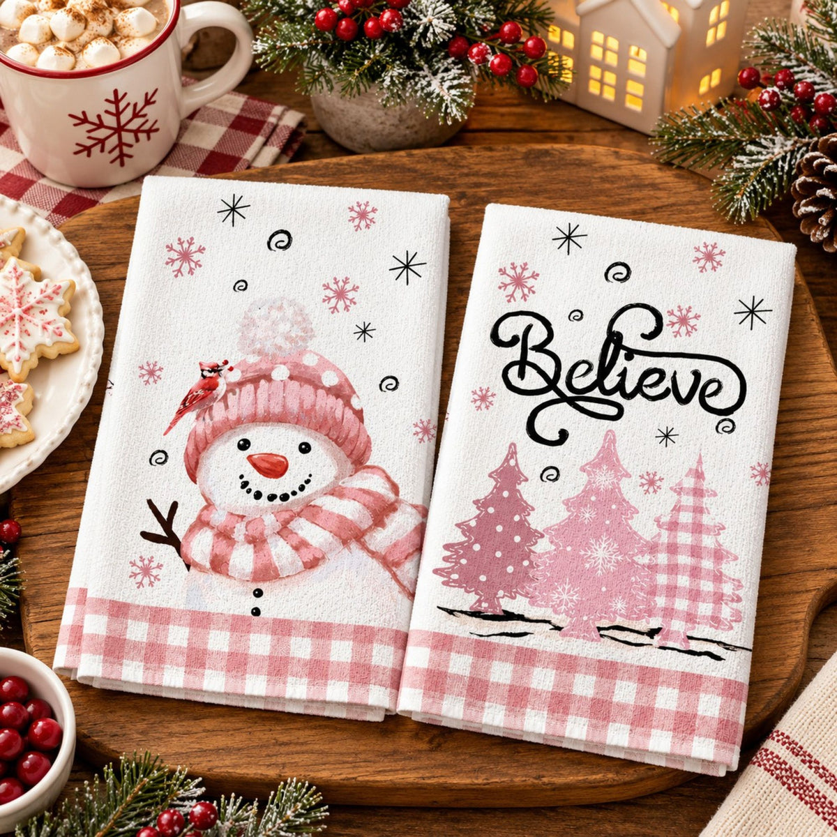 2-Pack Christmas Kitchen Towels 15.7x23.6in, Snowman & Tree Microfiber Holiday Towels