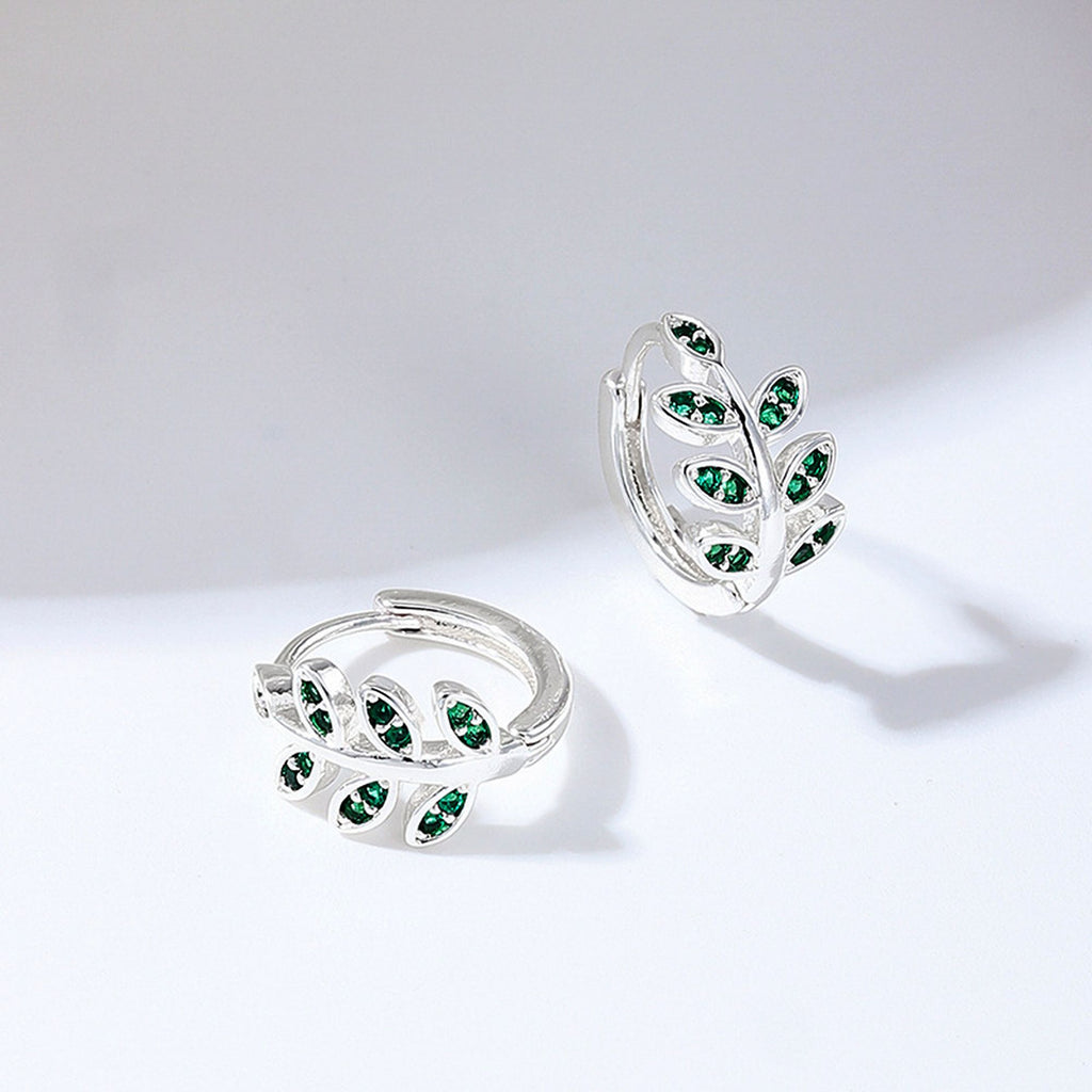 Women's Leaf - Shaped Hoop Earrings with Green Crystals