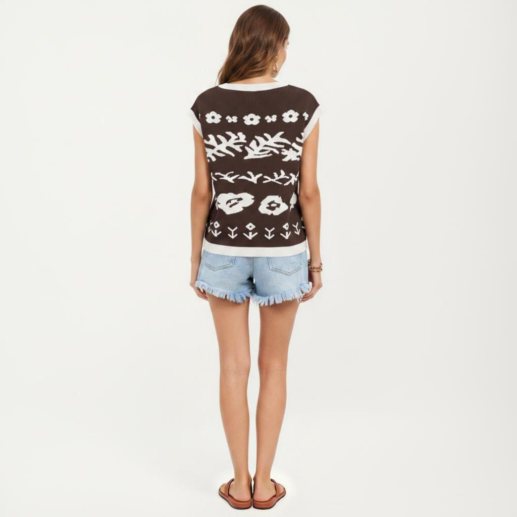 Anna-Kaci Women's Sleeveless Floral Knit Vest Top with Crew Neck and Contrast Trim