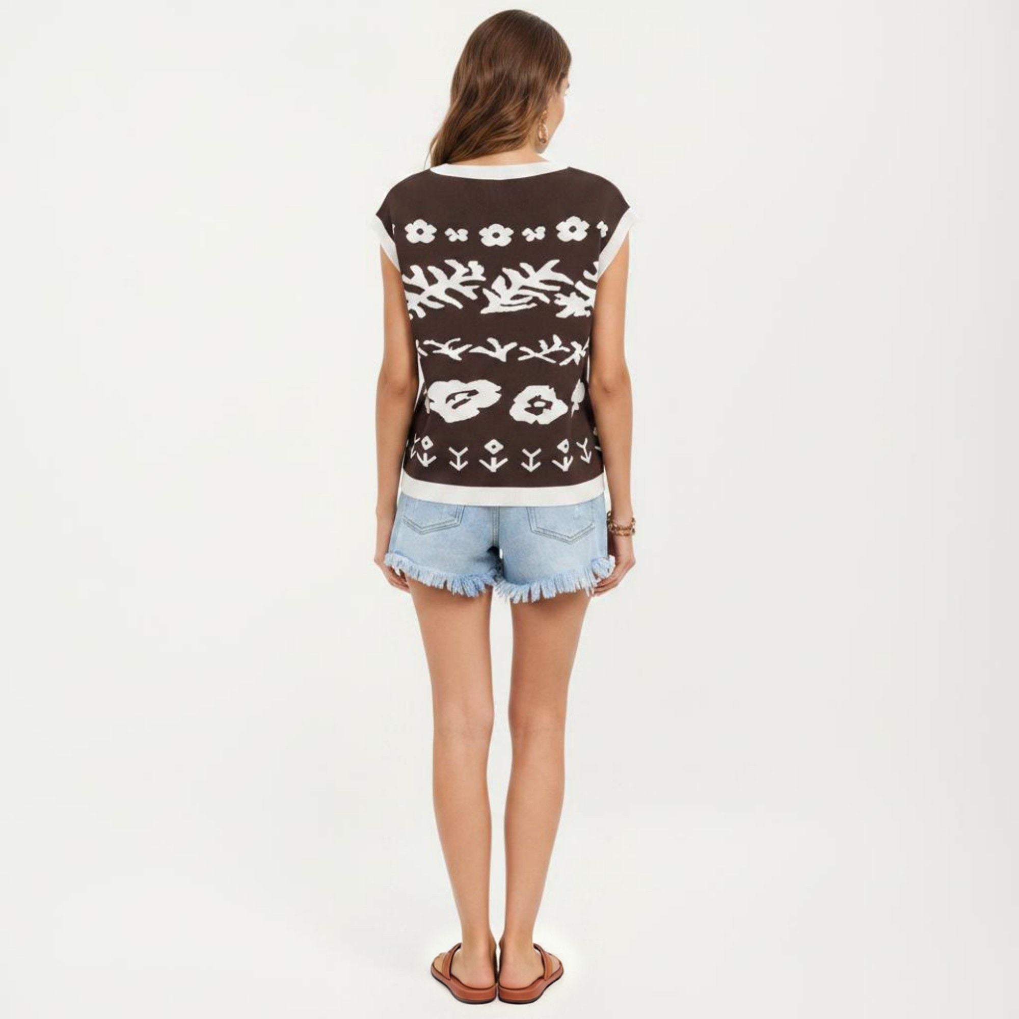 Anna-Kaci Women's Sleeveless Floral Knit Vest Top with Crew Neck and Contrast Trim