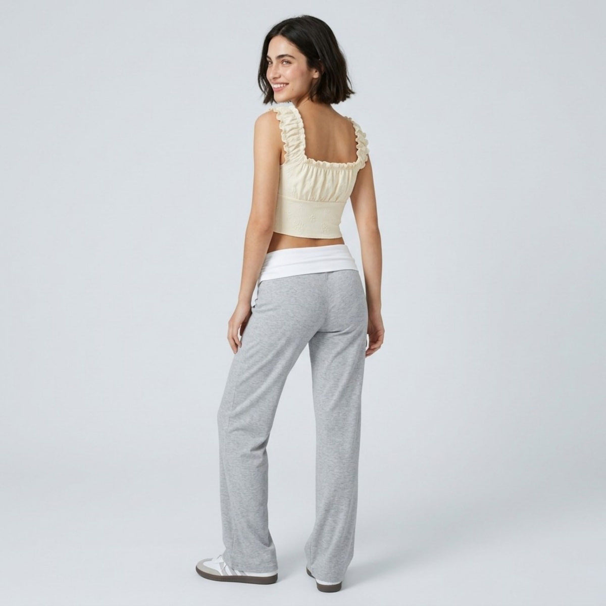Contrast Foldover Waistband Full-Length Wide-Leg Trousers